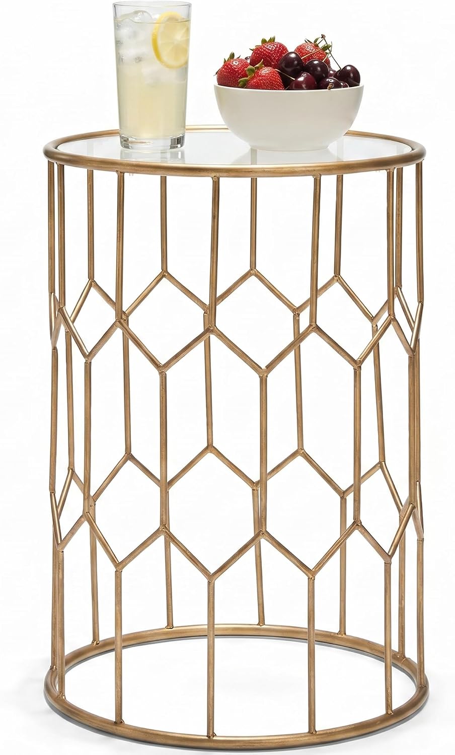 Click365 Harper Round Glass Accent Side Table, 16 Inch Modern End Table with Gold Metal Geometric Frame for Living Room, Bedroom or Small Spaces