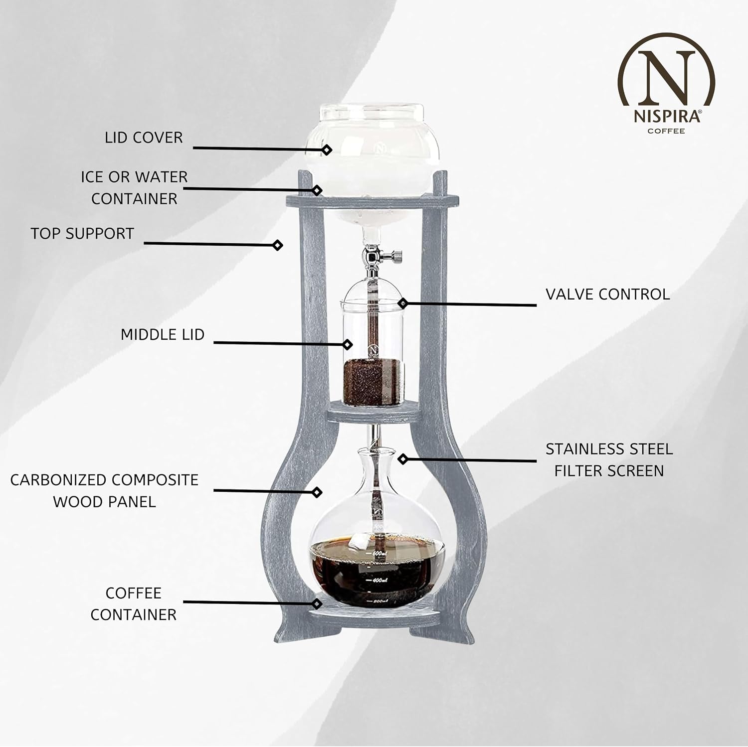 Nispira Iced Coffee Cold Brew Drip Tower Coffee Maker, 6–8 Cup Manual Cold Brew Brewer with Adjustable Valve, Wooden Frame & Glassware, Slow Cold Extraction System