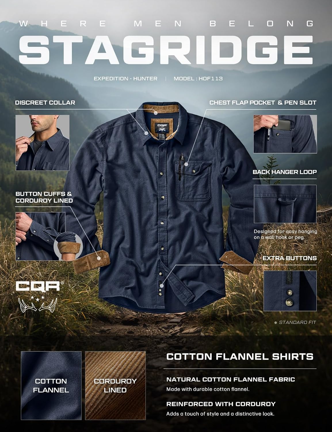 CQR Men's 100% All Cotton Button Down Flannel Shirts, Long Sleeve Brushed Warm Soft Casual Outdoor Plaid Shirt