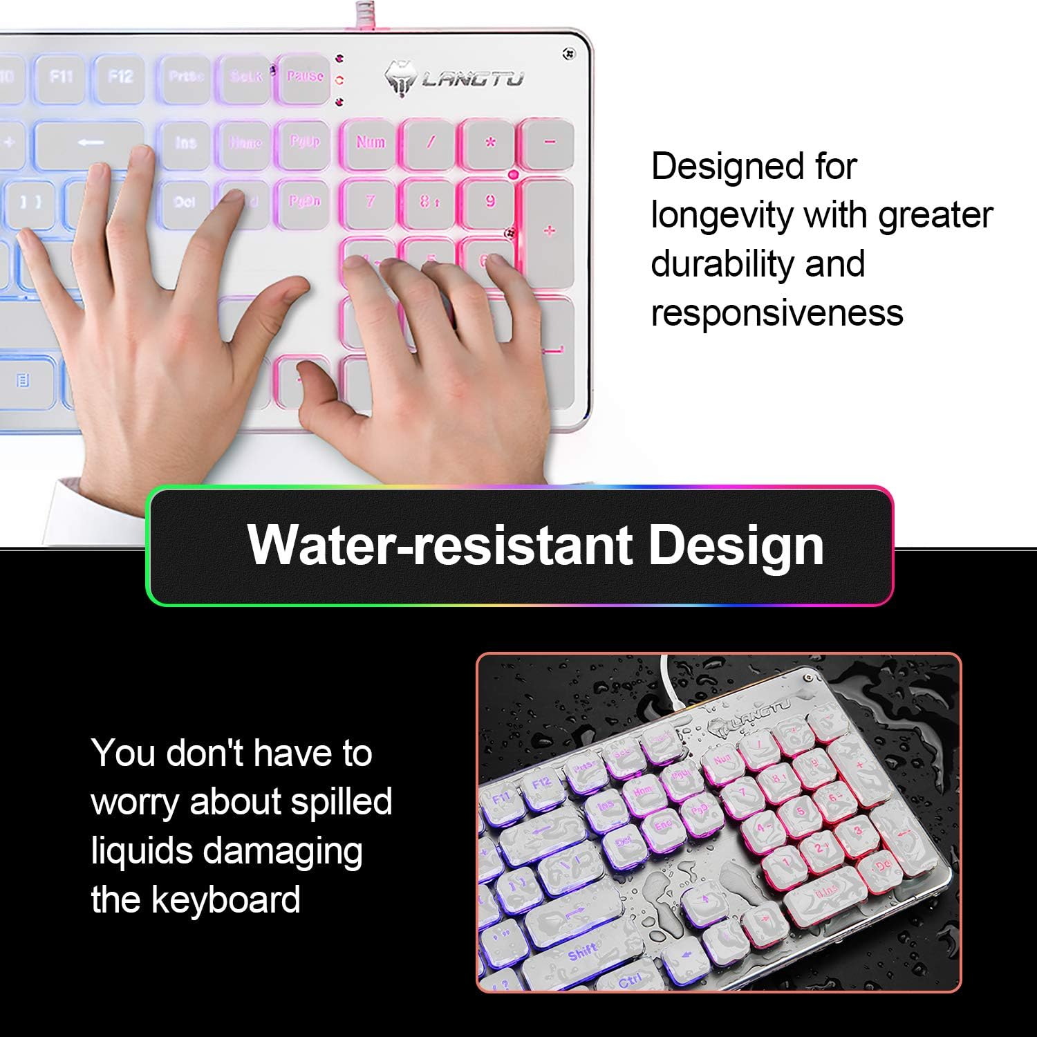 LANGTU Membrane Gaming Keyboard, Rainbow LED Backlit Quiet Keyboard for Office