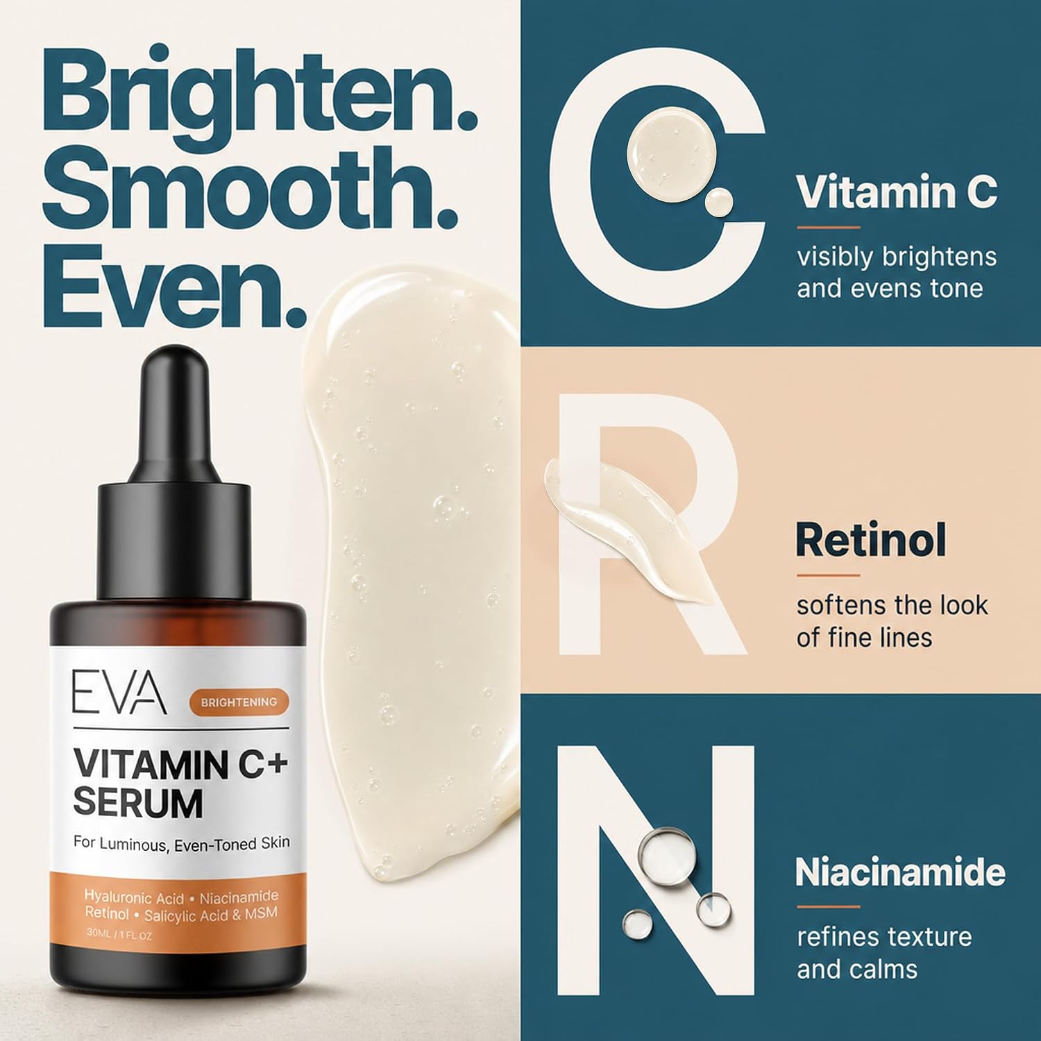 Eva Naturals Vitamin C Serum, Retinol, Niacinamide & Salicylic Acid, 1 oz | Hyaluronic acid, dark spots, brightening, dark spot remover & corrector, anti-aging