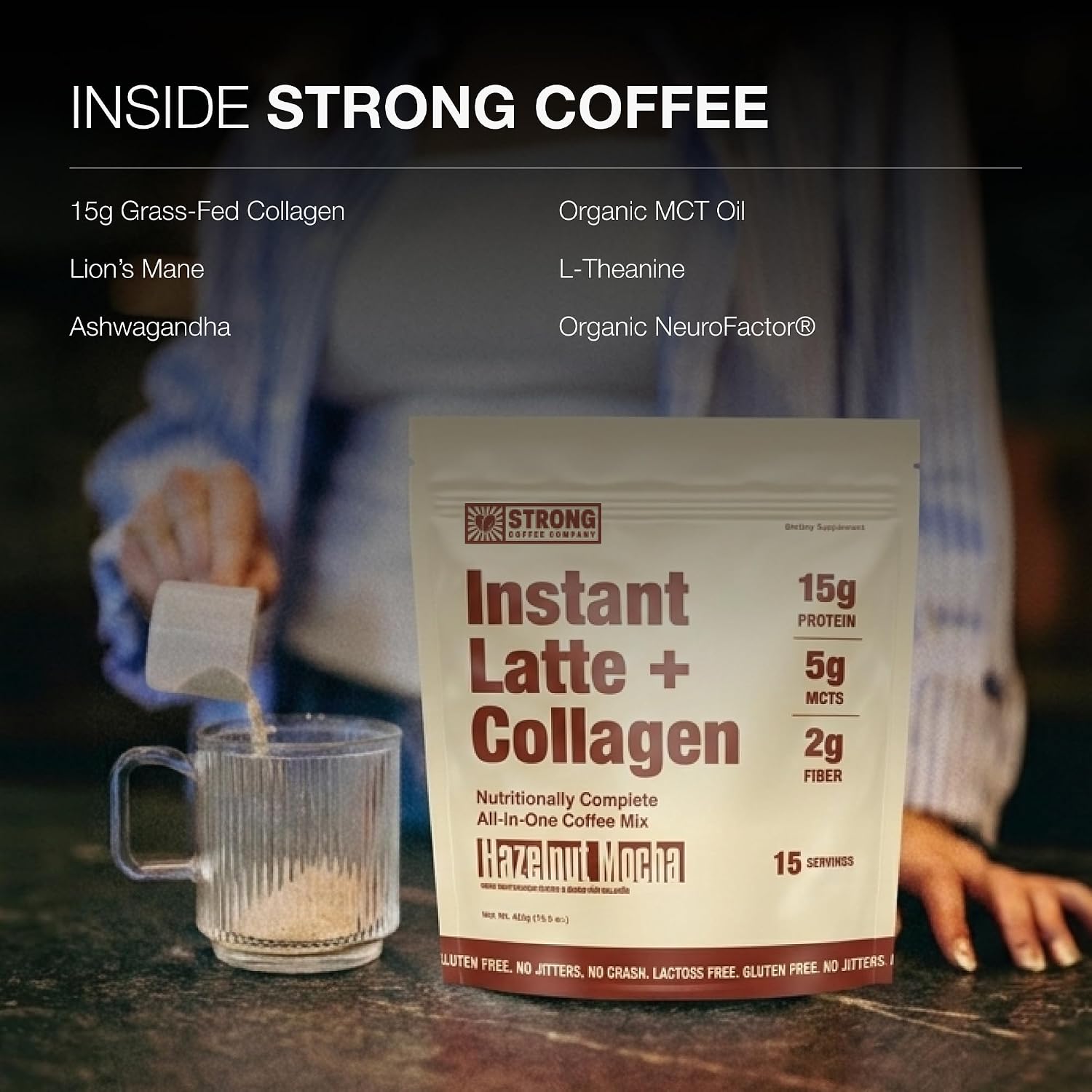 Strong Coffee Co. Hazelnut Instant Latte | 15 Servings | Organic Coffee with Collagen Protein | Lion’s Mane & L-Theanine | Adaptogens & Nootropics