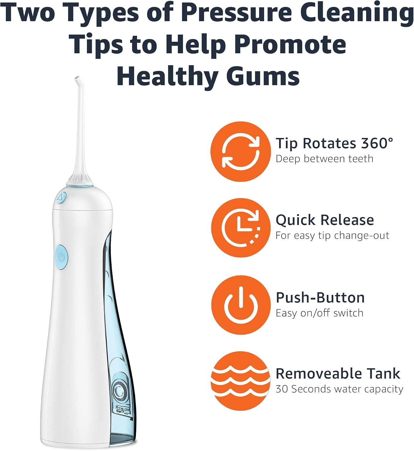 Amazon Basics HydroClean Portable Cordless Water Flosser for Teeth and Gums, 2 Pressure Tips, Removable Tank, 30 Seconds Water Capacity