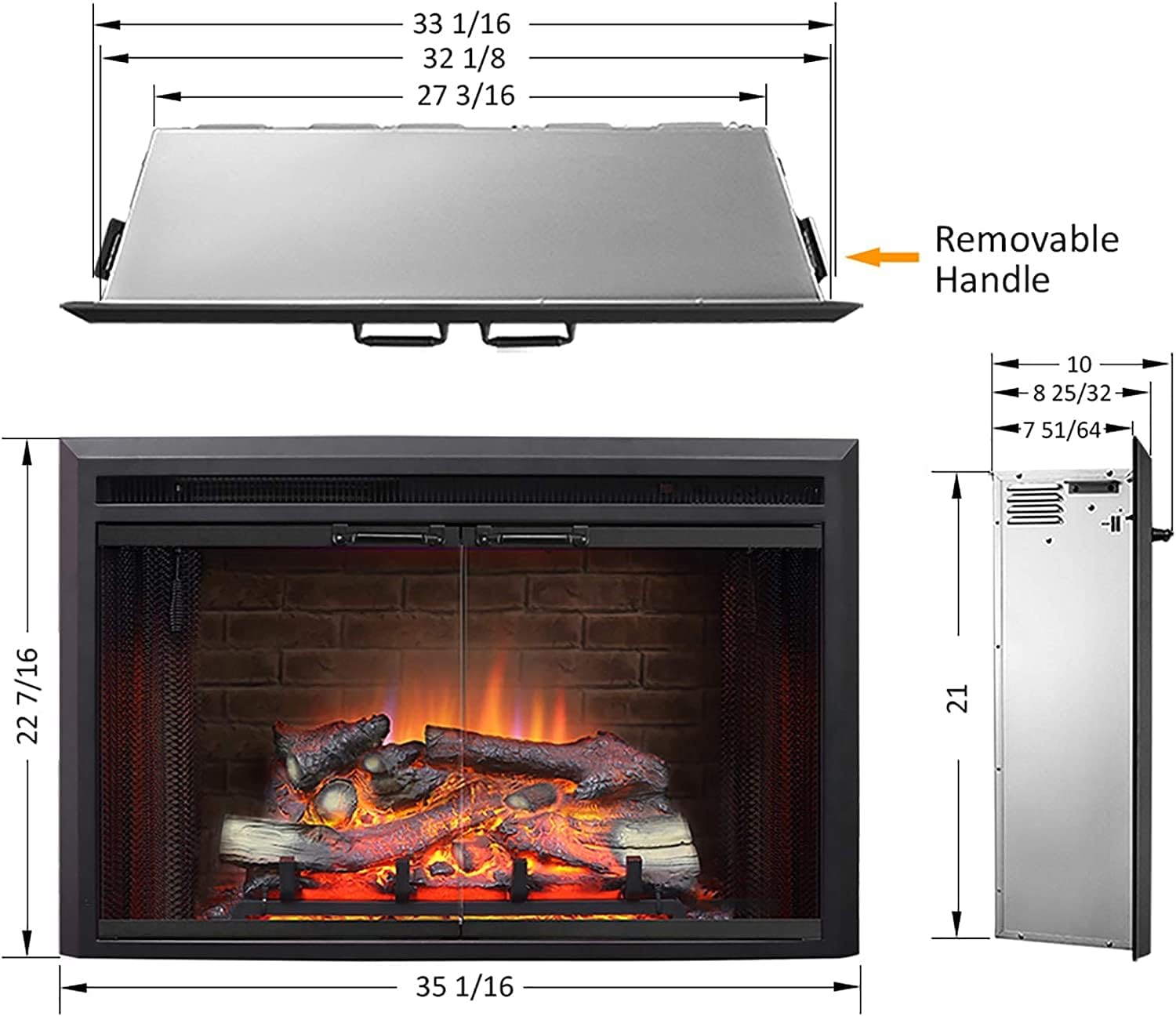 PuraFlame Klaus Electric Fireplace Insert with Fire Crackling Sound, Glass Door and Mesh Screen, 750/1500W, Black, 29 15/16 Inches Wide