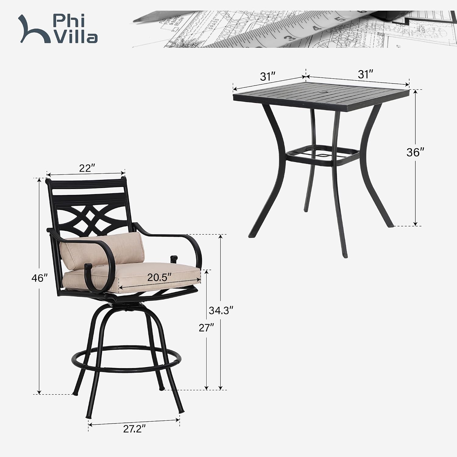 PHI VILLA Outdoor Bar Set 3 PCS Patio Bistro Table & Swivel Stools
