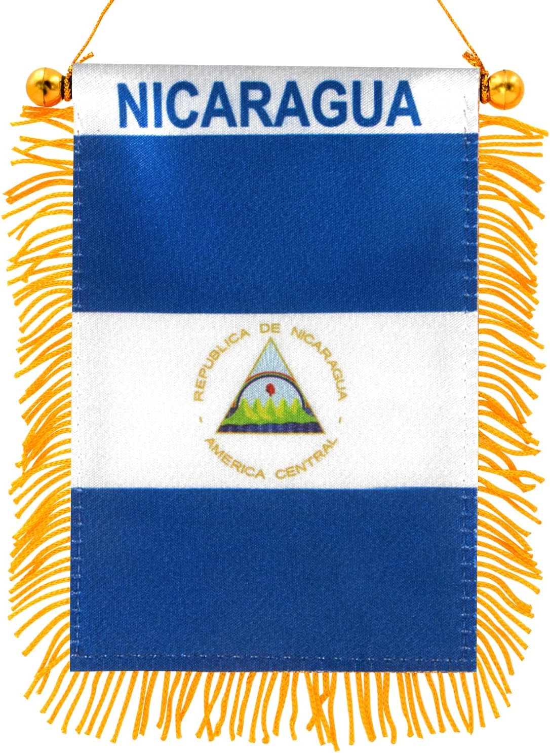 Anley 4 X 6 Inch Nicaragua Fringy Window Hanging Flag - Mini Banner & Car Rearview Mirror Décor - Fringed Nicaraguan Hanging Flag with Suction Cup