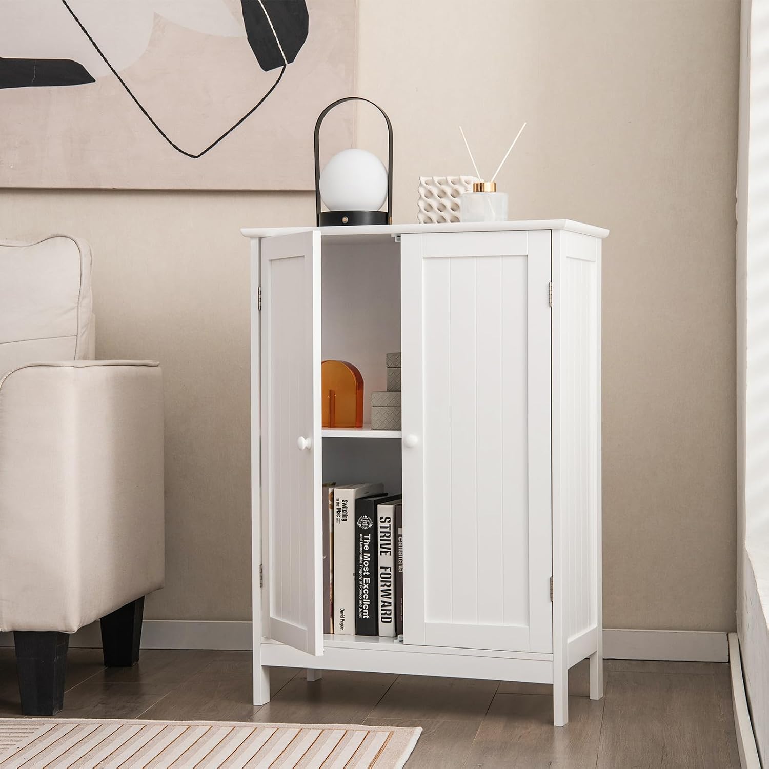 GLACER Bathroom Floor Cabinet, Wooden Storage Cabinet (White)