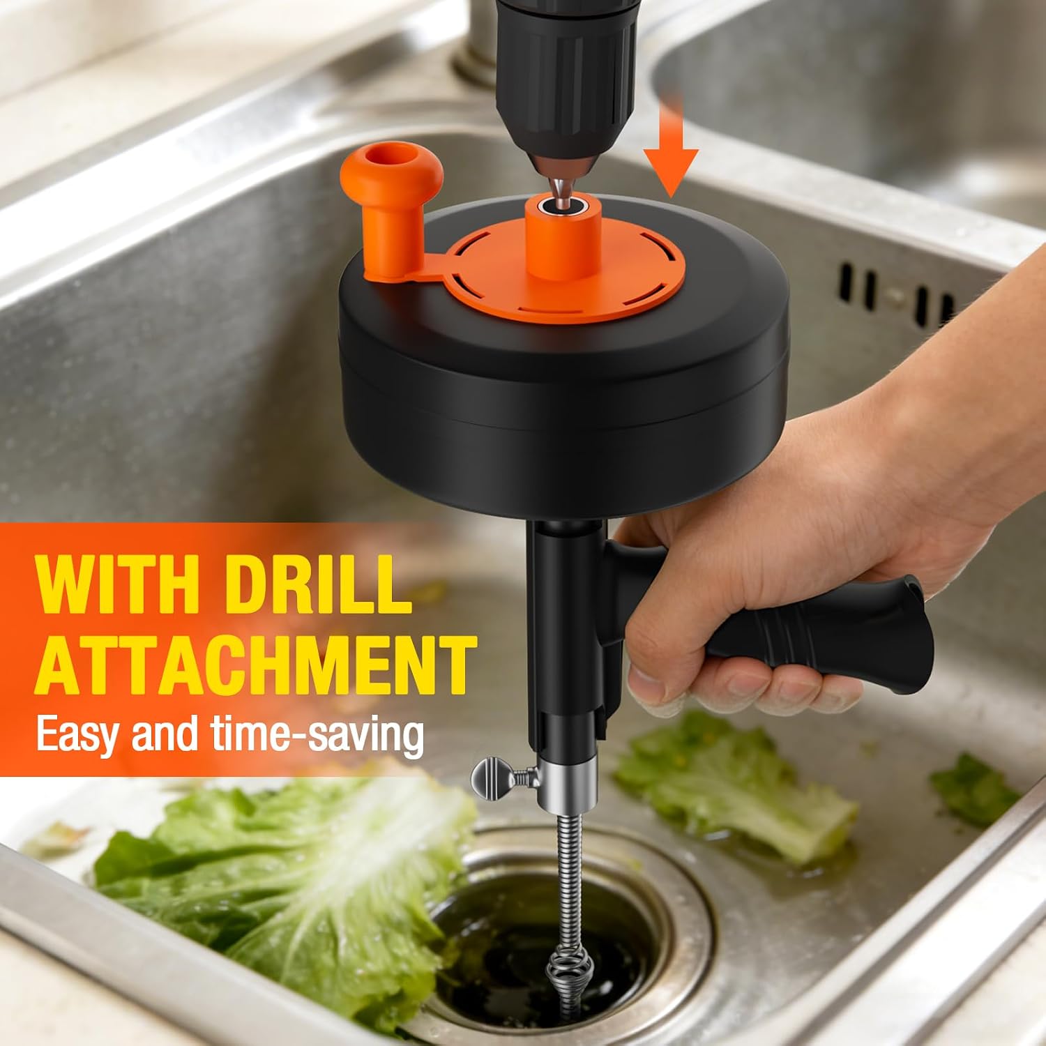 25ft Drain Auger Heavy Duty, Professional Plumbing Snake with Drill Adapter, Manual & Powered Clog Remover for Kitchen, Bathroom, Shower Sink & Bathtub, Flexible Pipe Snake Cleaner with Gloves