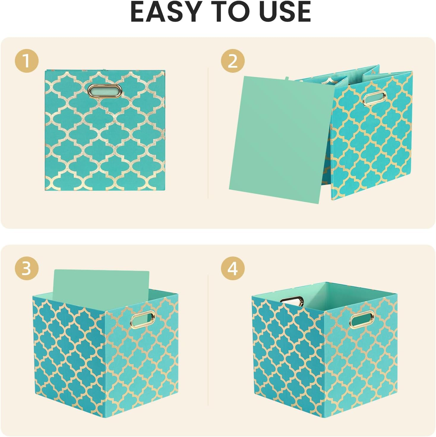 Posprica Storage Bins, Storage Cubes,13×13 Fabric Drawers Organizer Basket Boxes Containers (13×13×13/4pcs, Cream/gold geometry Pattern)
