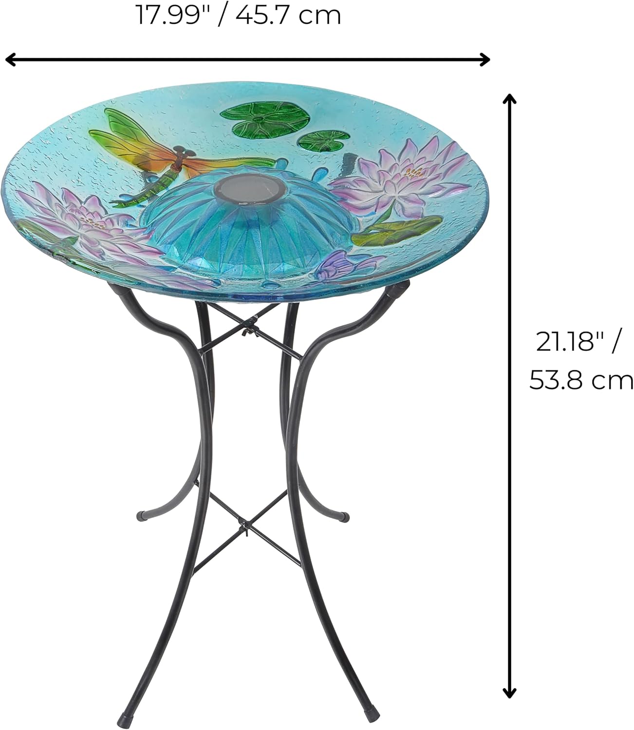 Teamson Home Handpainted Dragonfly Fusion Glass Solar Birdbath Bowl Feeder with LED Light for Outdoor Patio Garden Backyard Decking Decor