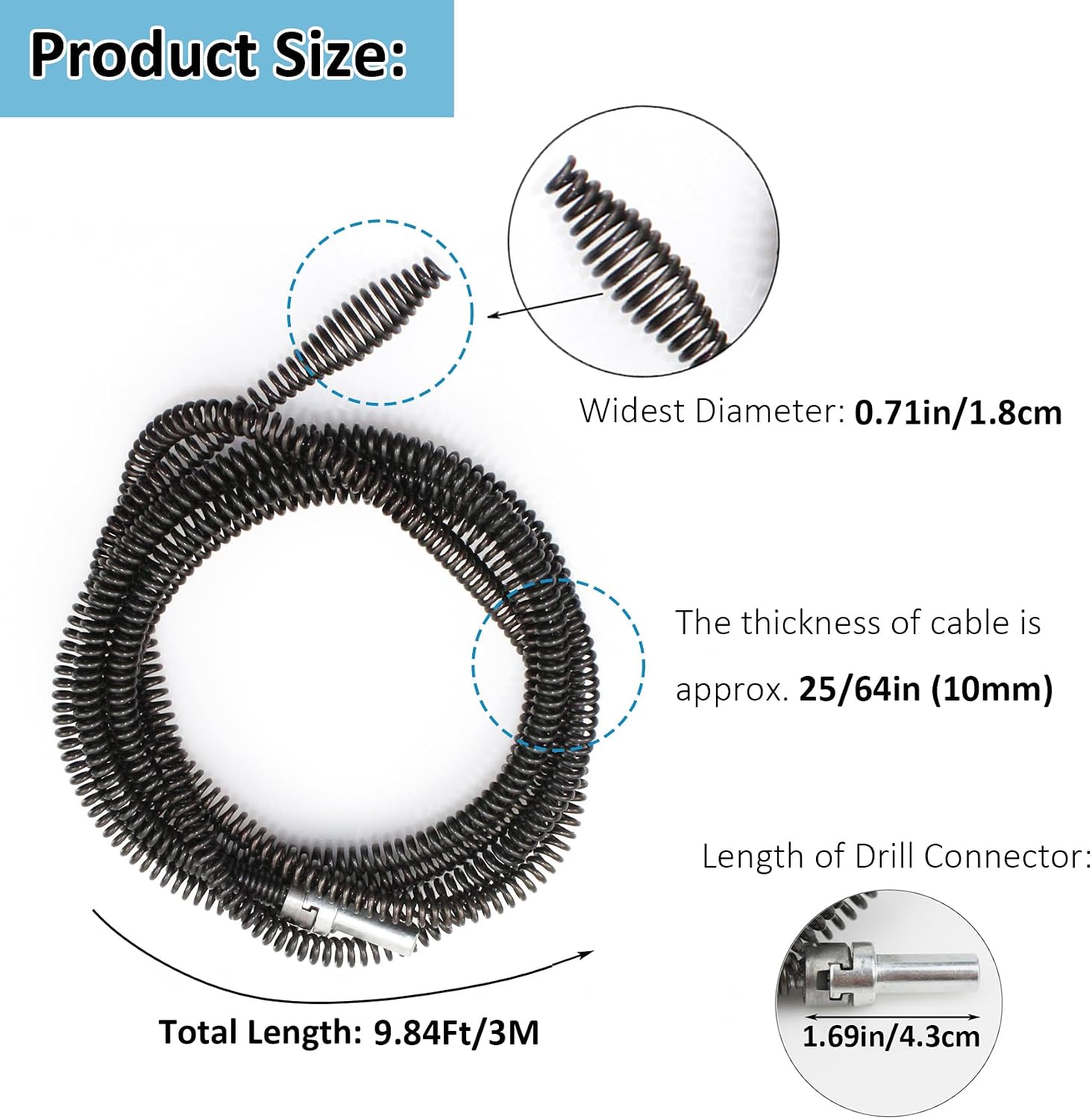 Amonk 10mm Drill Snake for Plumbing Drain Auger Cable with Adapter, 9.84Ft/3M | Heavy-Duty, Flexible&Reusable, Drain Clog Remover for Bathroom