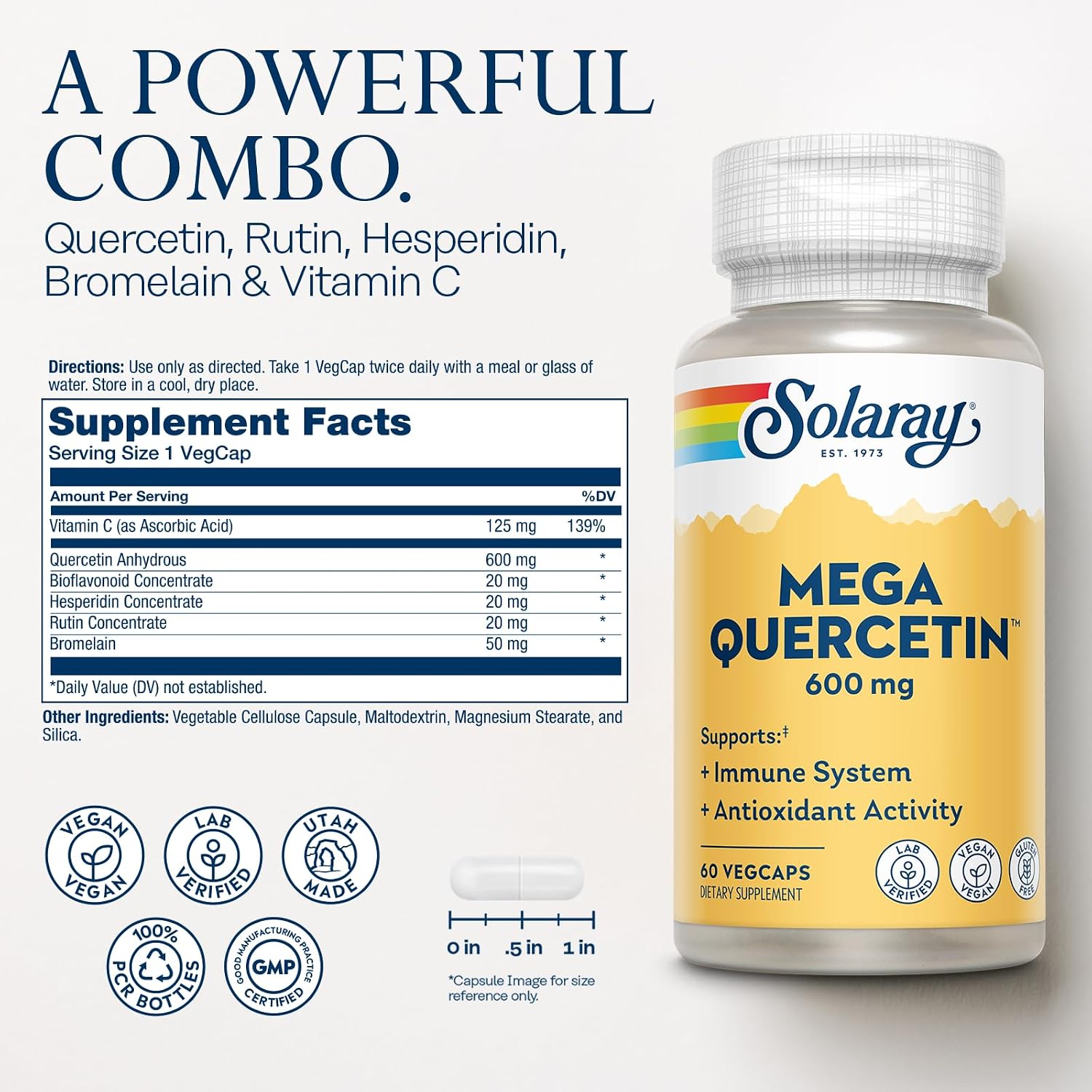 SOLARAY Mega Quercetin, 60 VegCaps | Immune, Respiratory & Cellular Support, Quercetin, Bromelain & Vitamin C, 30 Servings, Vegan, Non GMO