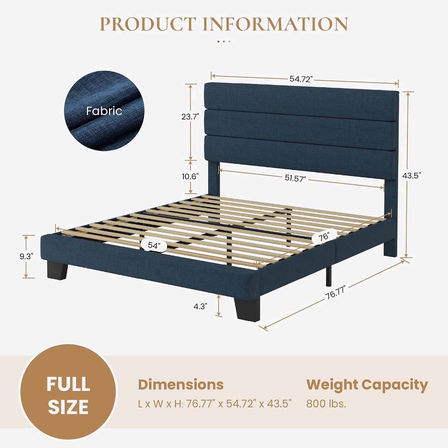 SHA CERLIN Full Platform Bed Frame with Upholstered Fabric Headboard, Grey