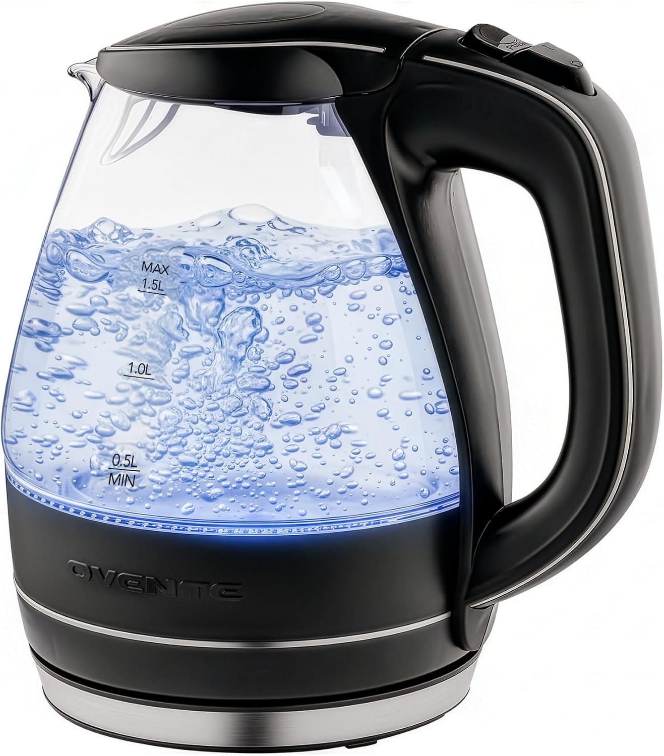 OVENTE 1.5L Glass Electric Kettle Water Boiler, Black KG83B | 1100W Fast Boiling, Borosilicate Glass, BPA-Free, Blue LED, Auto Shut-Off, Boil-Dry Protection, Removable Filter, 360° Base