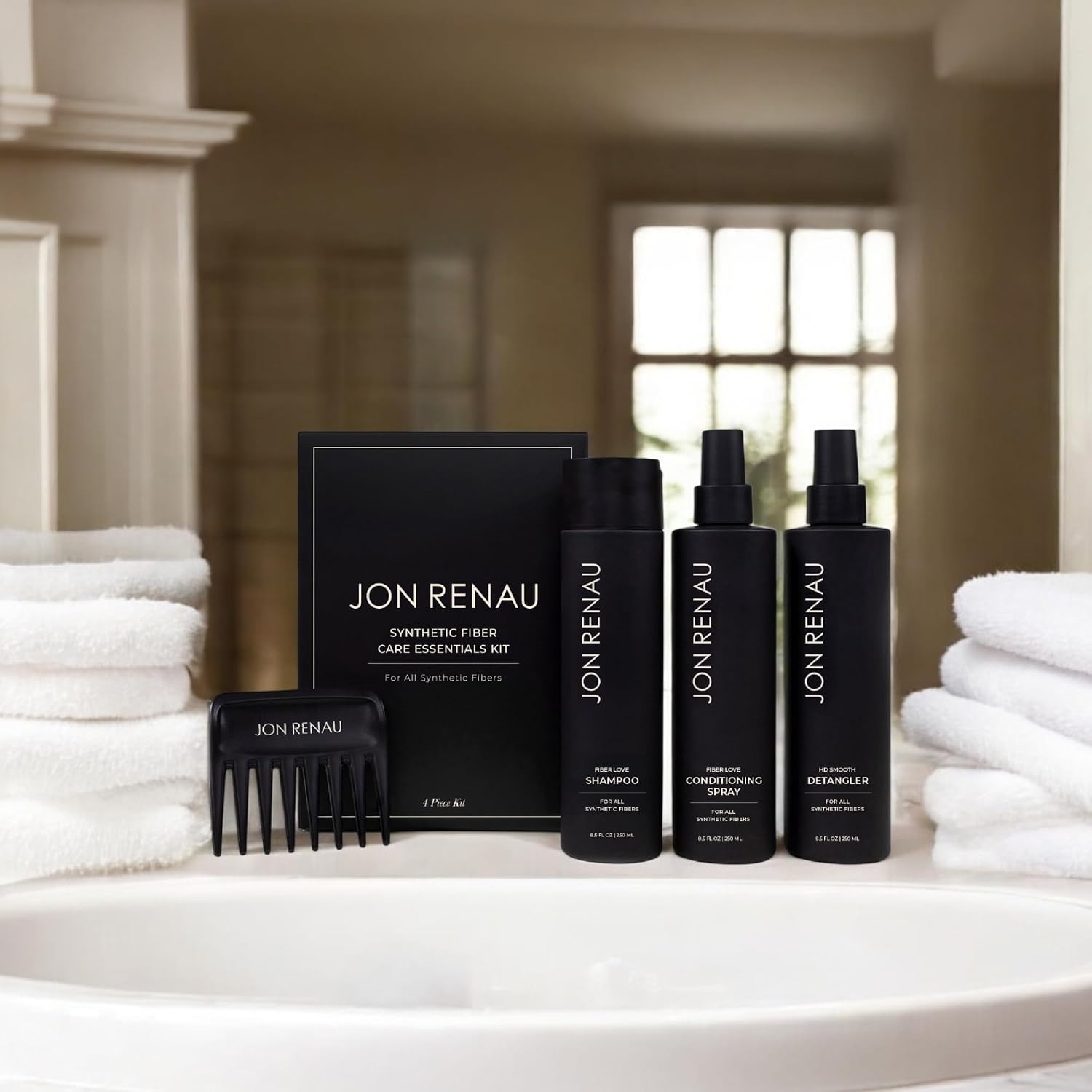 Jon Renau Synthetic Fiber Care Kit, Shampoo and Leave In Conditioner for Synthetic Wigs and Hair Extensions, Detangler Spray with Wide Tooth Comb