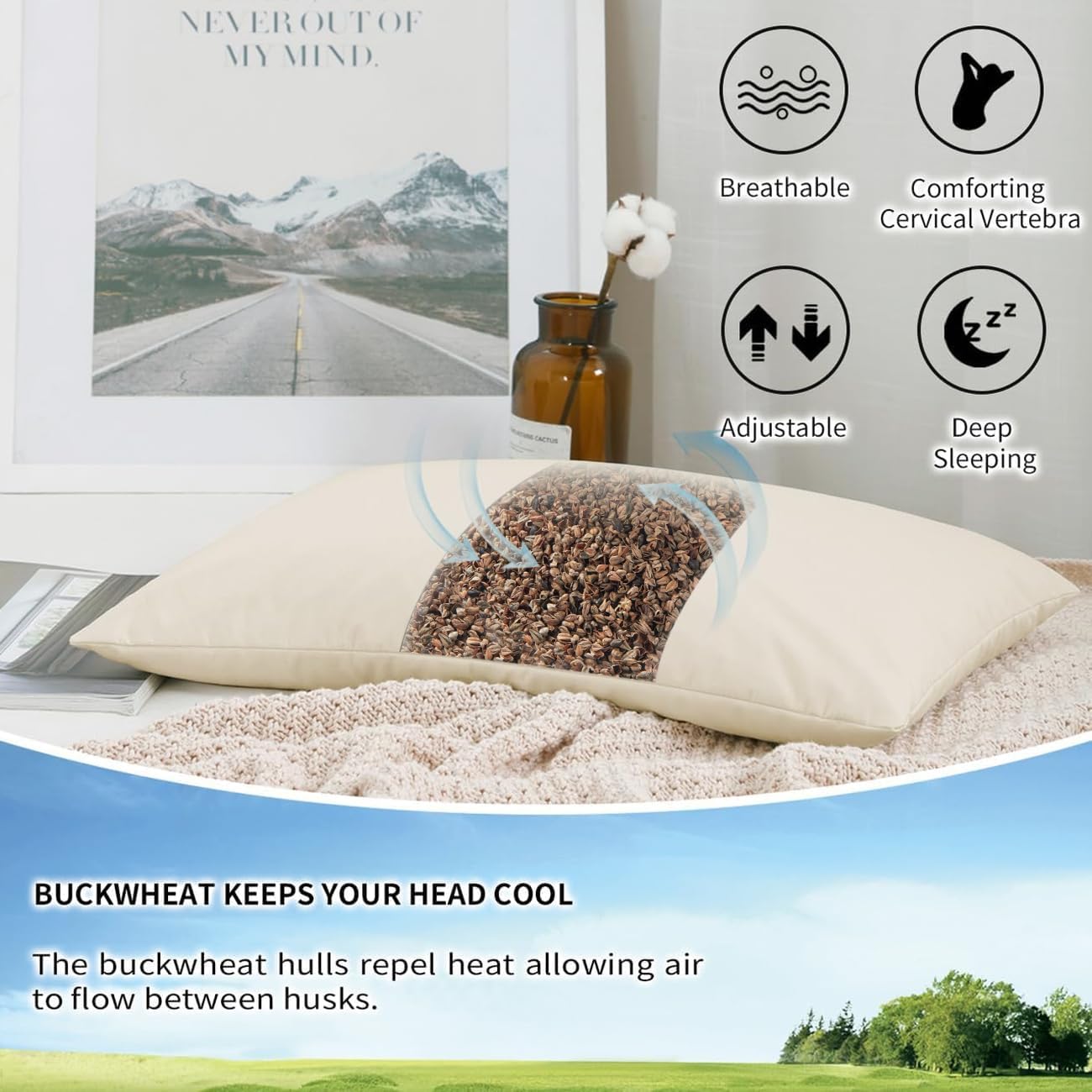 Organic Buckwheat Pillow for Sleeping with Organic Cotton Pillowcase