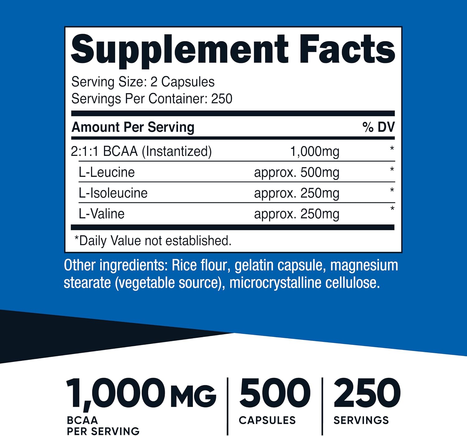 Nutricost BCAA 1000mg, 500 Capsules, 2:1:1 Branched Chain Amino Acids | 250 Servings, 500mg L-Leucine, 250mg L-Isoleucine, 250mg L-Valine