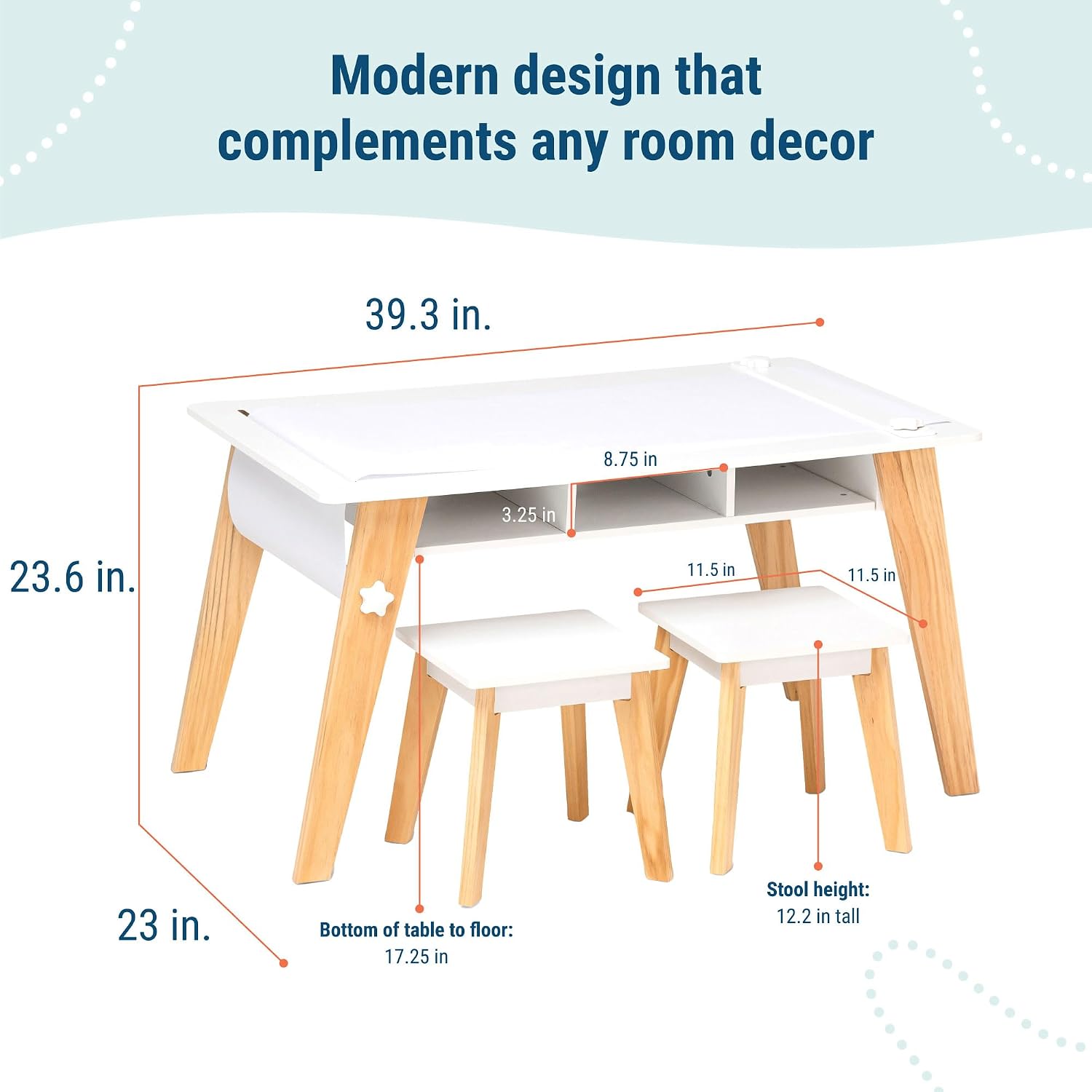 Wildkin Kids Arts & Crafts Table Set – Mid-Century Modern Design with 2 Stools, Storage Cubbies & Paper Roll - White