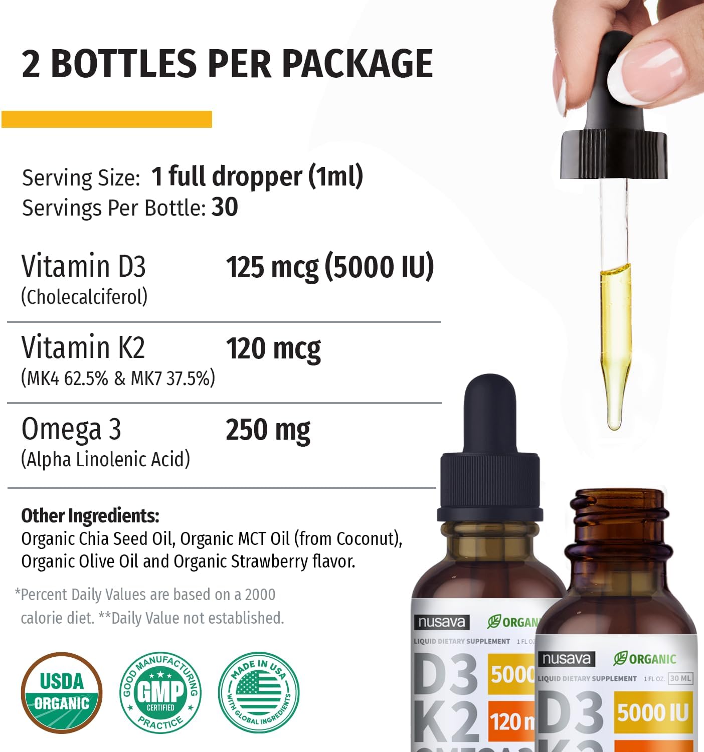 Nusava Organic Vitamin D3 K2 Drops with MCT Oil, Unflavored, Pack of 2