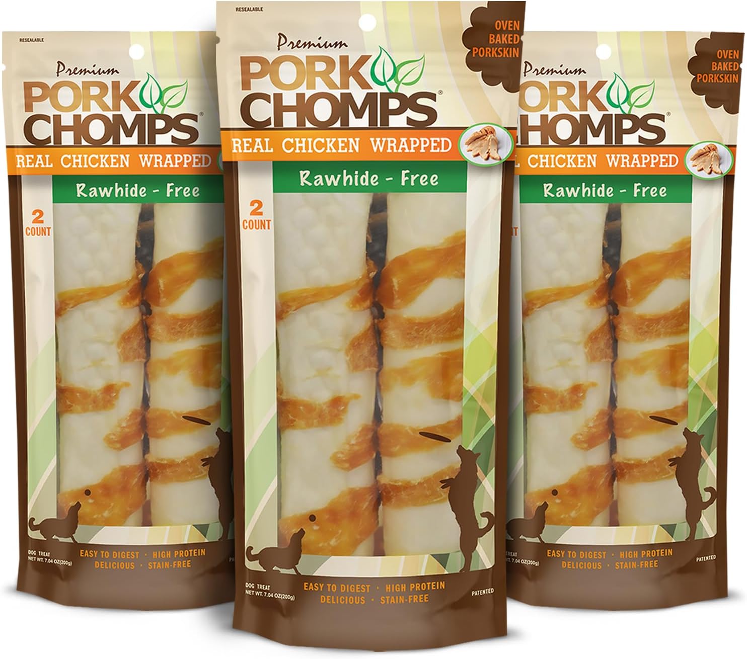 Pork Chomps Rawhide Free Pork Skin Dog Chews, Chicken Wrap, 8in Rolls, 2ct
