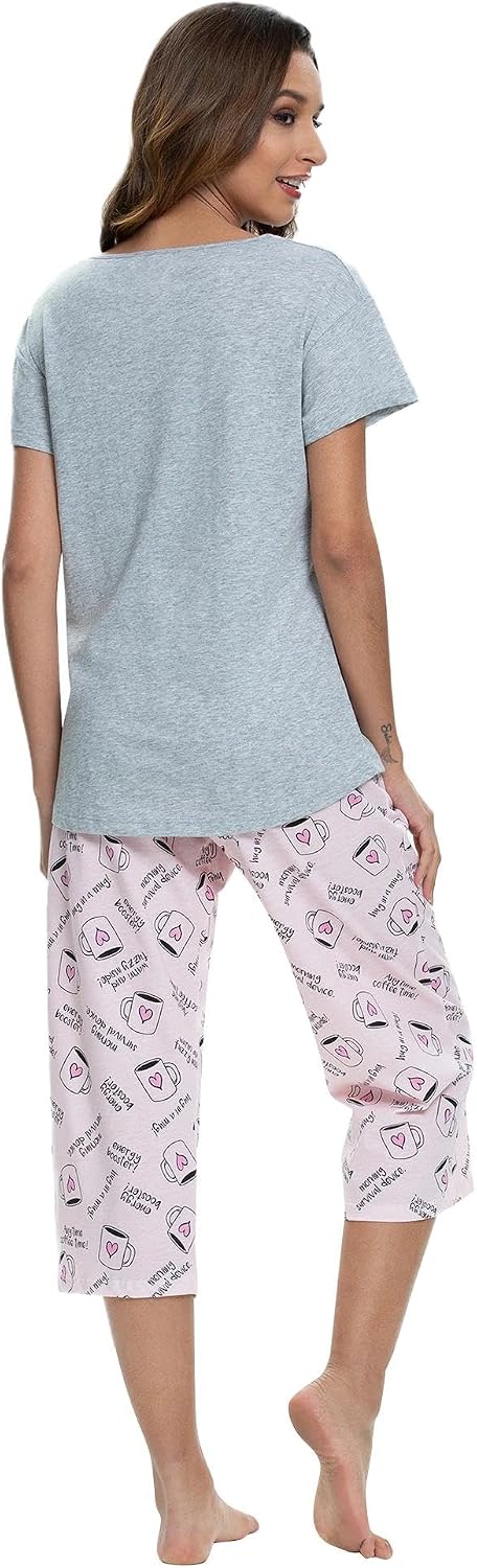 ENJOYNIGHT Womens Pajama Set Cotton Short Sleeve Top With Capri Pants Pj