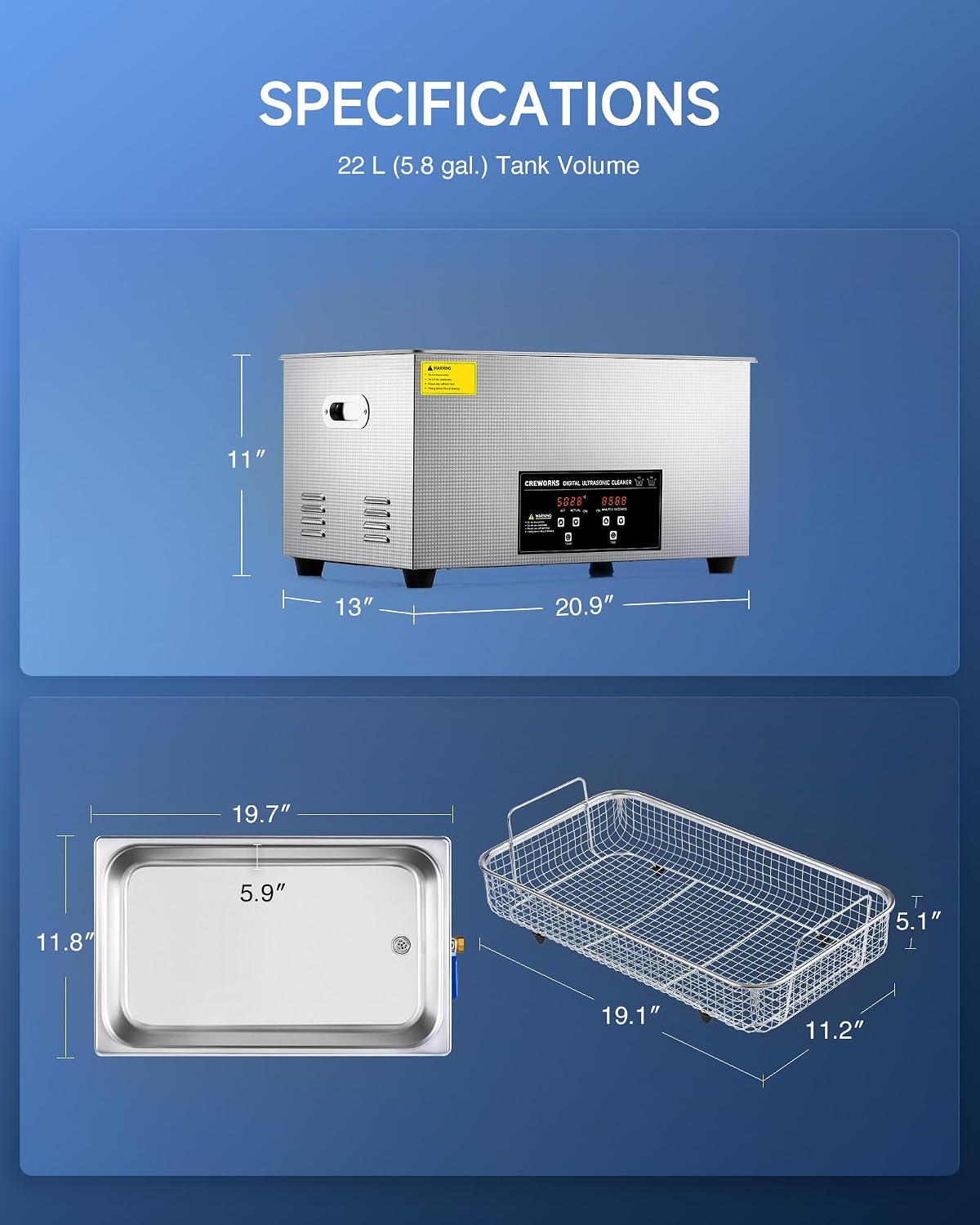 CREWORKS 3L Ultrasonic Cleaner, 0.8 gal Digital Sonic Cavitation Machine | 120W Stainless Steel Professional Jewelry Cleaner for Cleaning Tool Watch Glasses Retainer Denture Parts with Heater & Timer