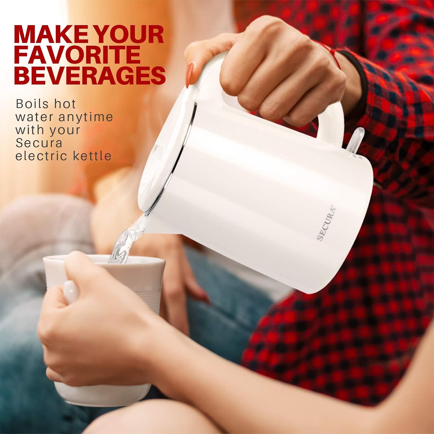 Secura Stainless Steel Double Wall Electric Kettle Water Heater for Tea Coffee w/Auto Shut-Off and Boil-Dry Protection, 1.0L (Orange) SWK-1001DO/HB-K012