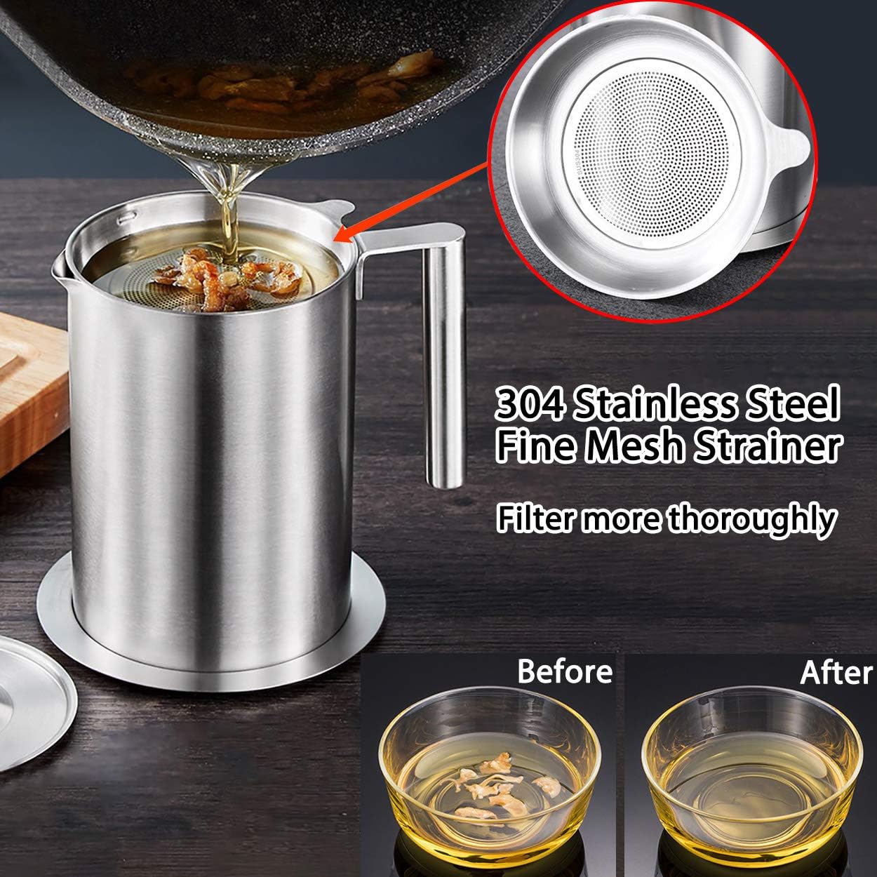 Sumerflos 1.8 L/1.9 Quart Stainless Steel Grease Strainer and Container - Large Oil Storage Pot Grease Keeper with Dust-Proof Lid & Easy Grip Handle