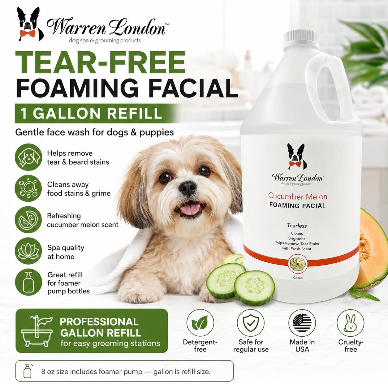 Warren London Foaming Pet Facial | Tear Free Dog Face Wash | Tearless Dog Shampoo for Faces & Dog Eye Stain Remover | Refreshing Cucumber Melon Wash | Made in USA | 8oz