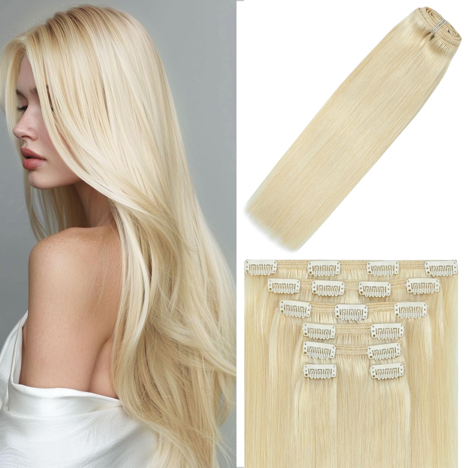 WindTouch Clip In Hair Extensions Human Hair Mixed Bleach Blonde 18Inch 75g Hair Extensions for Women Remy Blonde Extensions Clip in #18p613 7PCS