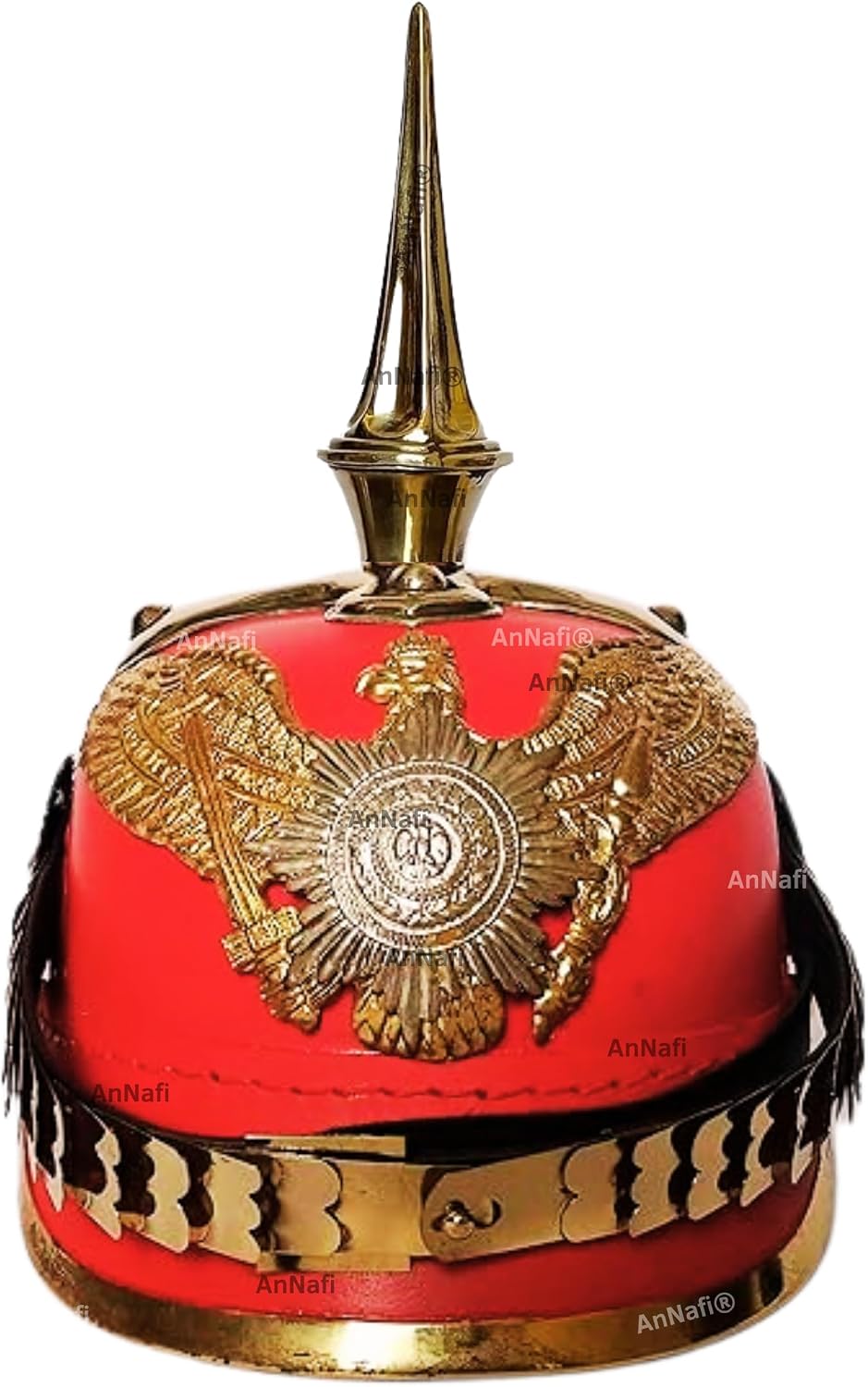 AnNafi Red German Pickelhaube Helmet, Leather Pickelhauben Imperial Prussian Helmet, Brass Military Officer Spiked Men’s Costume