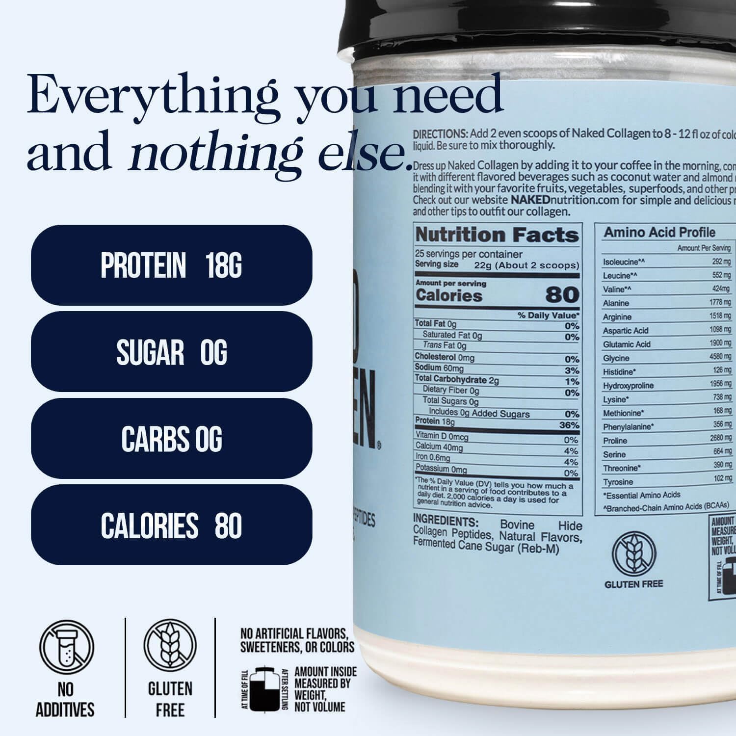 NAKED Collagen Peptides Protein Powder, 60 Servings, Pasture-Raised, Unflavored Grass-Fed Hydrolyzed Collagen Supplement, NSF Certified, Paleo Friendly, Non-GMO, Keto, Gluten Free, 20oz