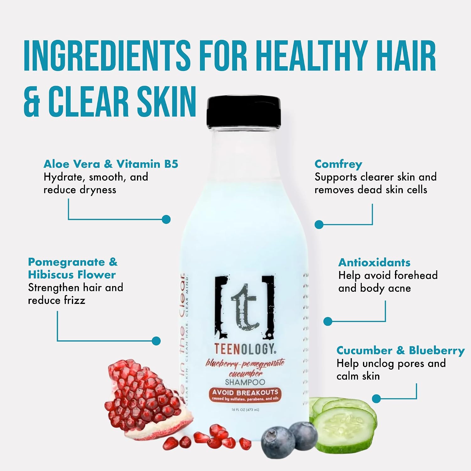 Teenology Teen Shampoo – Avoid Acne Breakouts, Sulfate & Paraben Free | Blueberry Pomegranate Cucumber – Free of pore-clogging oils – non-comedogenic formula with botanicals for acne-prone skin