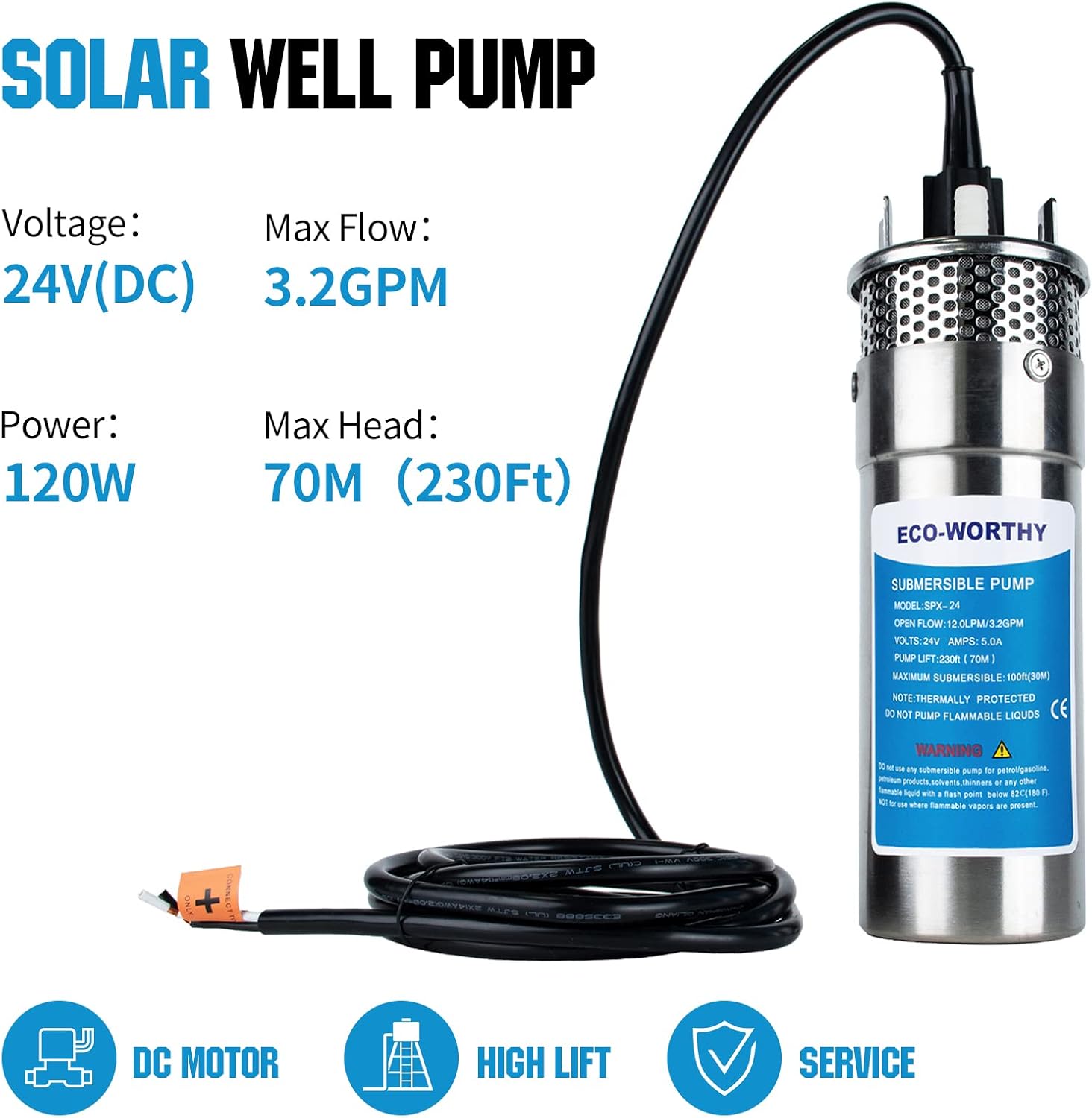 ECO-WORTHY 24V Submersible Deep Well Water Pump with 10ft Cable 1.6GPM 4'' 5A, Max Lift 230ft/70m, DC Pump/Alternative Energy Solar Battery Farm & Ranch Submersible Deep Well Pump