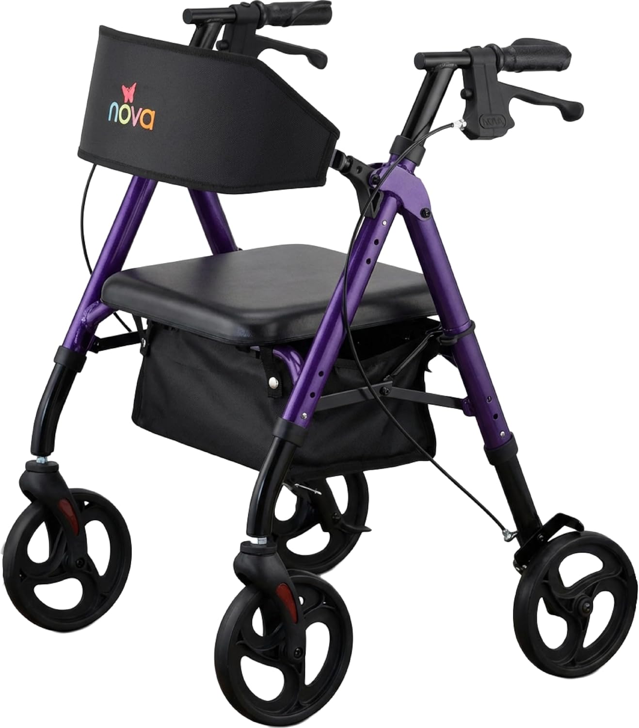 NOVA Star 8 Foldable Rollator Walker for Seniors (5'3"–6'2"), Wide Padded Backrest with Seat, 8” All-Terrain Wheels, Easy-Grip Locking Hand Brakes, Height Adjustable, Sky Blue
