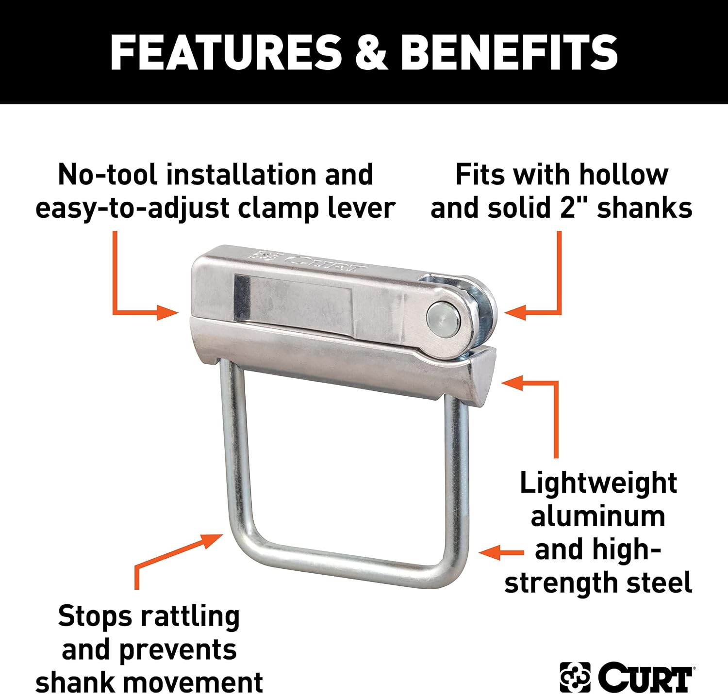 CURT 22325 No-Tool Anti-Rattle Hitch Clamp Tightener for 2-Inch Receiver, Hollow or Solid Shanks