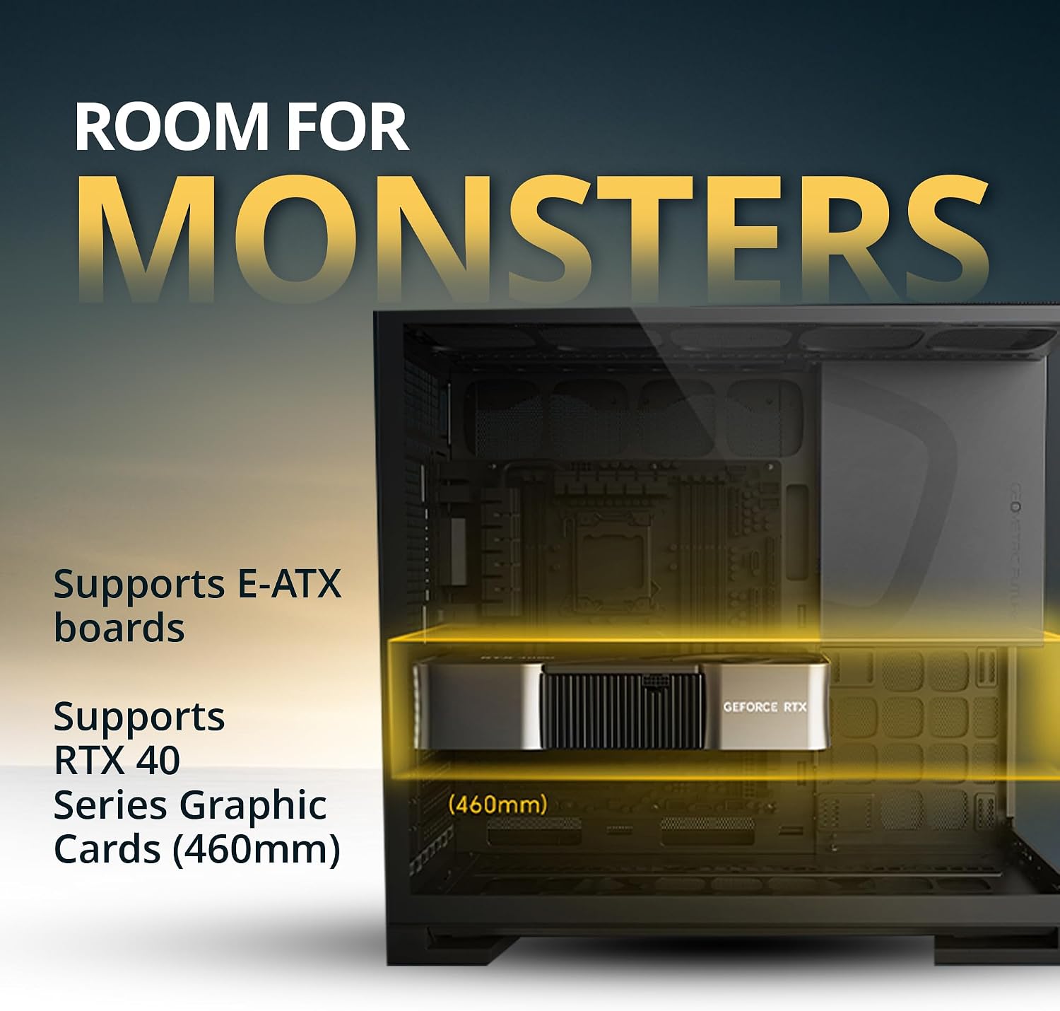 Geometric Future M5 Tempered Glass Mid Tower, E-ATX/ATX Gaming Case, 1.2mm Steel, Type C, Toolless Panels, Support 420/360 Radiator, ARGB PWM 140m Fan x 5 Pre-Installed, Black/Yellow, GEO-M5F-BY