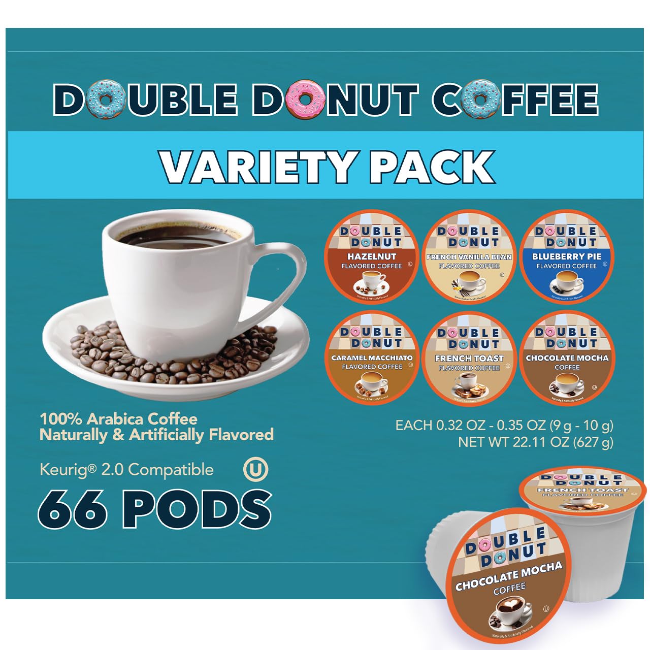 Double Donut Coffee Double Donut Medium Roast Decaf Coffee Pods, Classic, for Keurig K-Cup Machines, 24 Single-Serve Capsules per Box