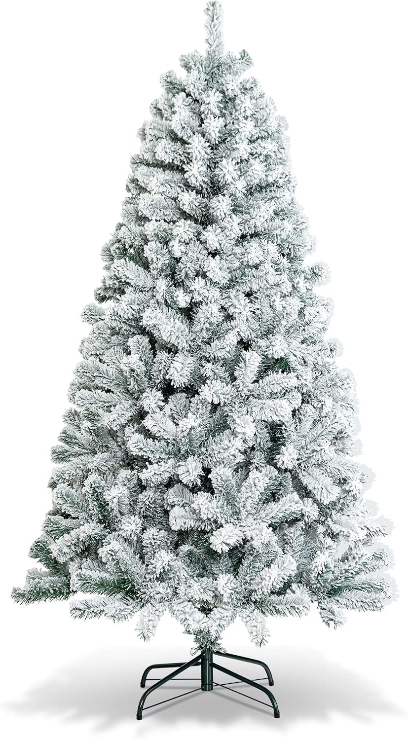 Goplus 7.5ft Pre-Lit Artificial Christmas Tree, Premium PVC Snow Flocked Hinged Pine Tree with Metal Stand and LED Lights