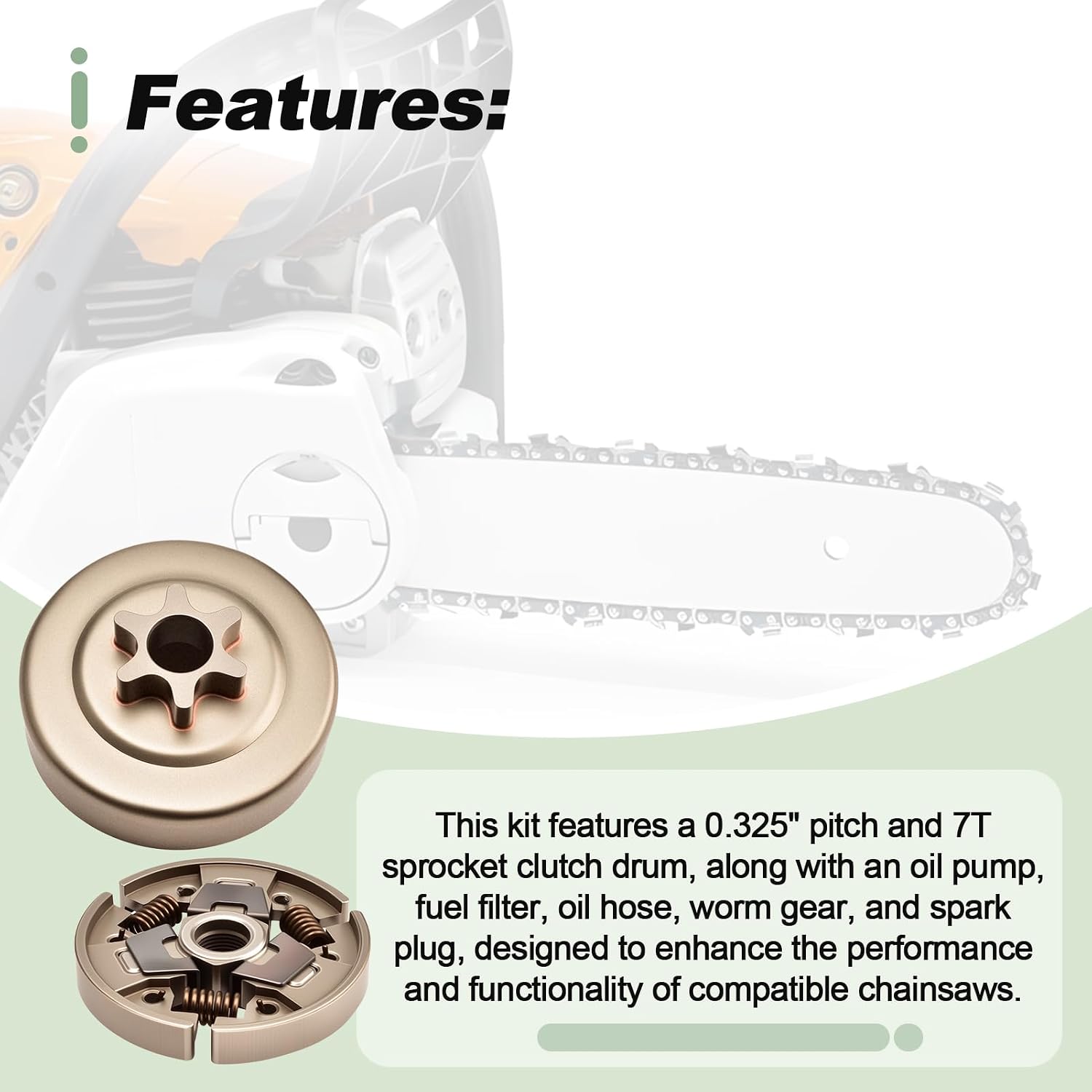 .325" 7T Spur Sprocket Clutch Drum Kit with Oil Pump Fuel Filter Oil Hose Line Worm Gear Spark Plug Compatible with Stihl MS231 MS231C MS251 MS251C