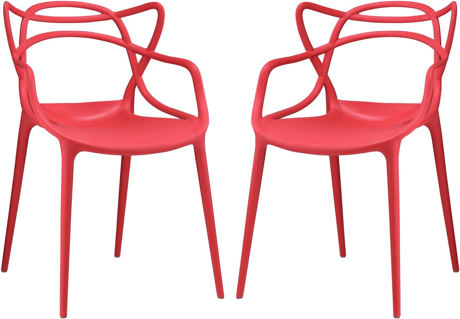 Contemporary Modern Urban Designer Dining Kitchen Room Side Dining Chair, Set of Two Red Plastic