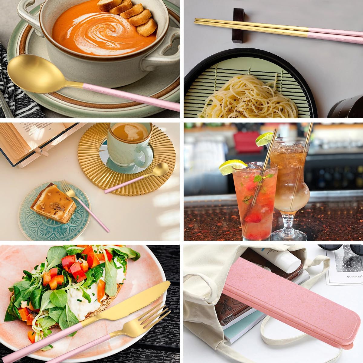 AARAINBOW 6 Pieces 18/8 Stainless Steel Flatware Set Portable Reusable Cutlery Set Travel Utensils Set Including Chopsticks Knife Fork Spoon Straws