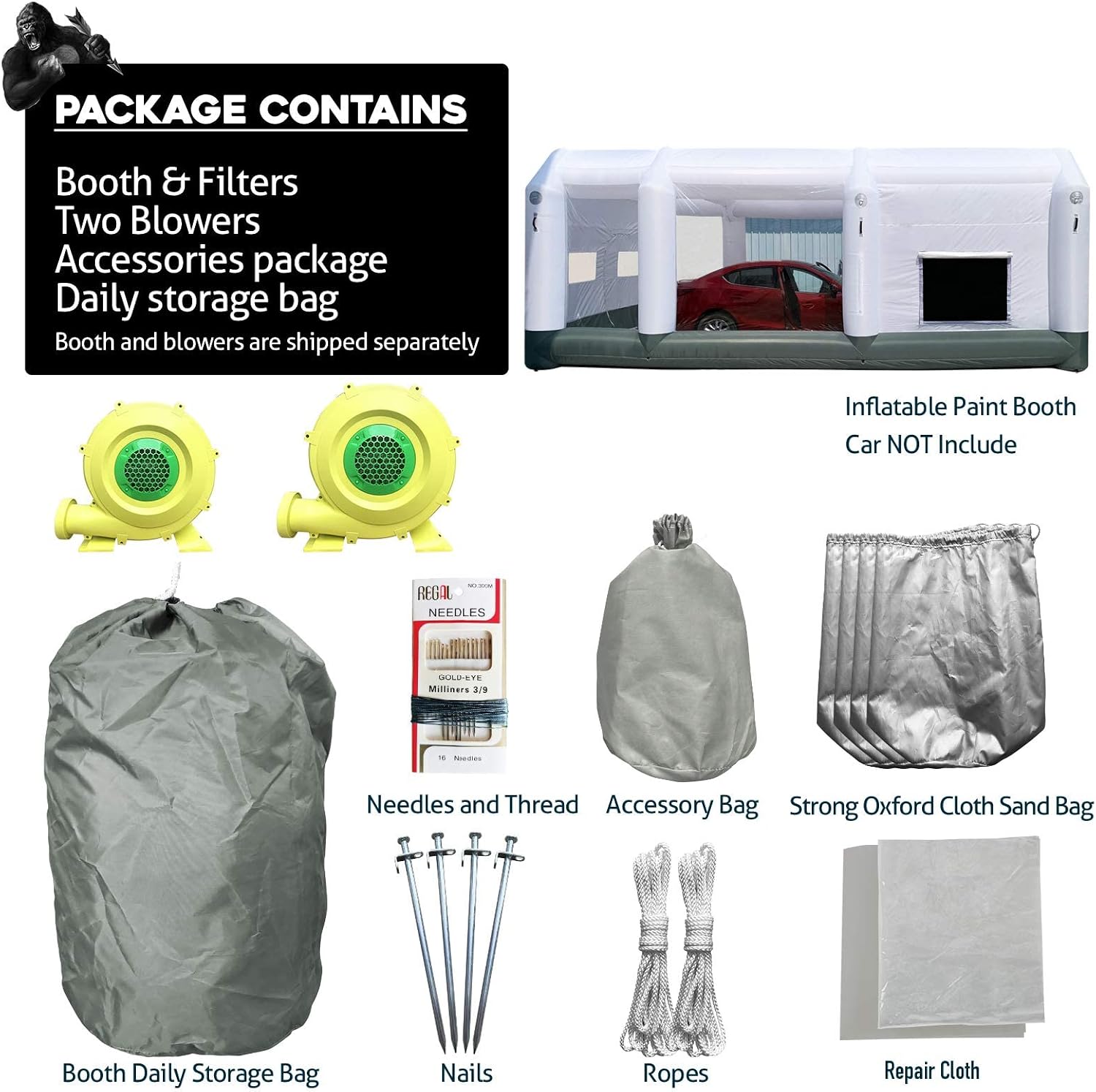 GORILLASPRO Portable Inflatable Paint Booth 26x15x10Ft, Inflatable Spray Booth with 2 Blowers (950W+950W)