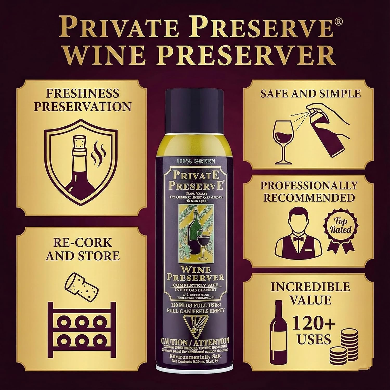 Private Preserve Wine Preservation System | 100% Green Gas Based | Suitable For All Wine, Port, Sake, Cognac, Whiskey, Fine Oil & Vinegar (Pack of 2)