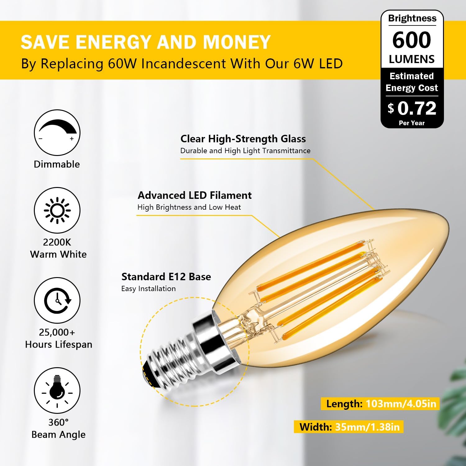 BesLowe 12-Pack Dimmable E12 LED Candelabra Bulbs 60W Equivalent, 2700K