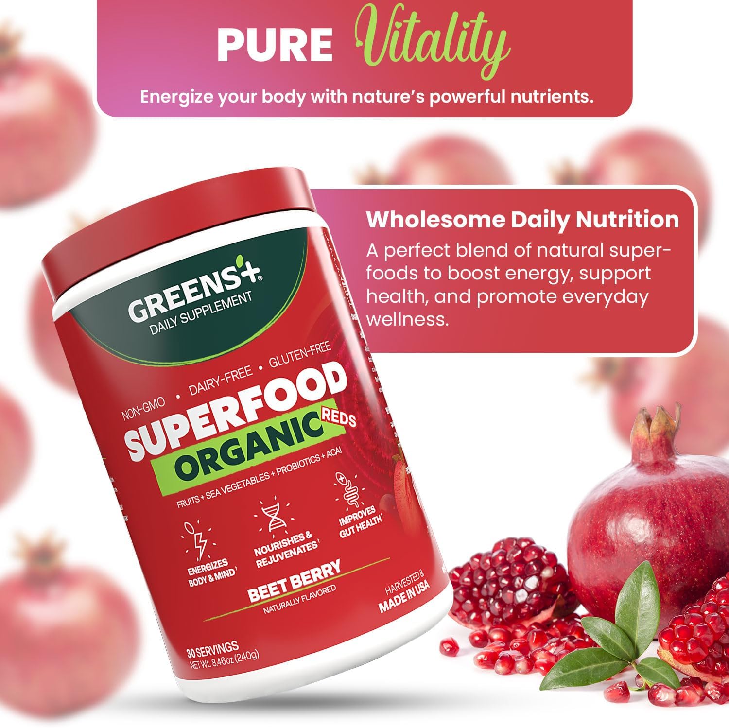 Greens+ Organic RAW Superfood Powder, Dietary Supplement | 8.46oz | Energy Boost | Super Blend Immune Support, Morning Kick, Nutrition Vibrant Health, Vegan, Soy Free | Dairy Free | Gluten Free