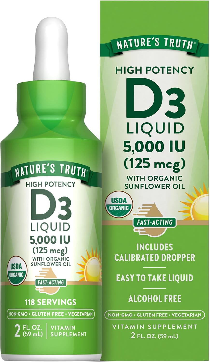 Nature's Truth Vitamin D3 Liquid | 5000 IU | 2 fl oz | Non-GMO and Gluten Free Supplement | Non-GMO and Gluten Free Supplement