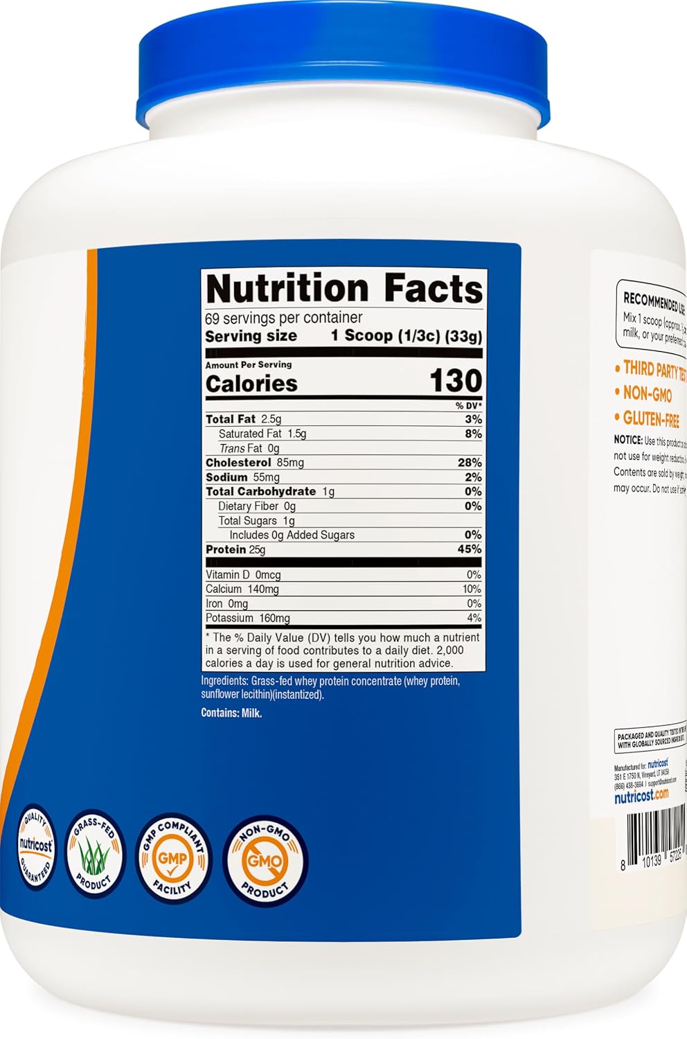 Nutricost Grass-Fed Whey Protein Concentrate (Unflavored) 2LBS | Undenatured, GMO-Free, Gluten Free, Natural Flavors
