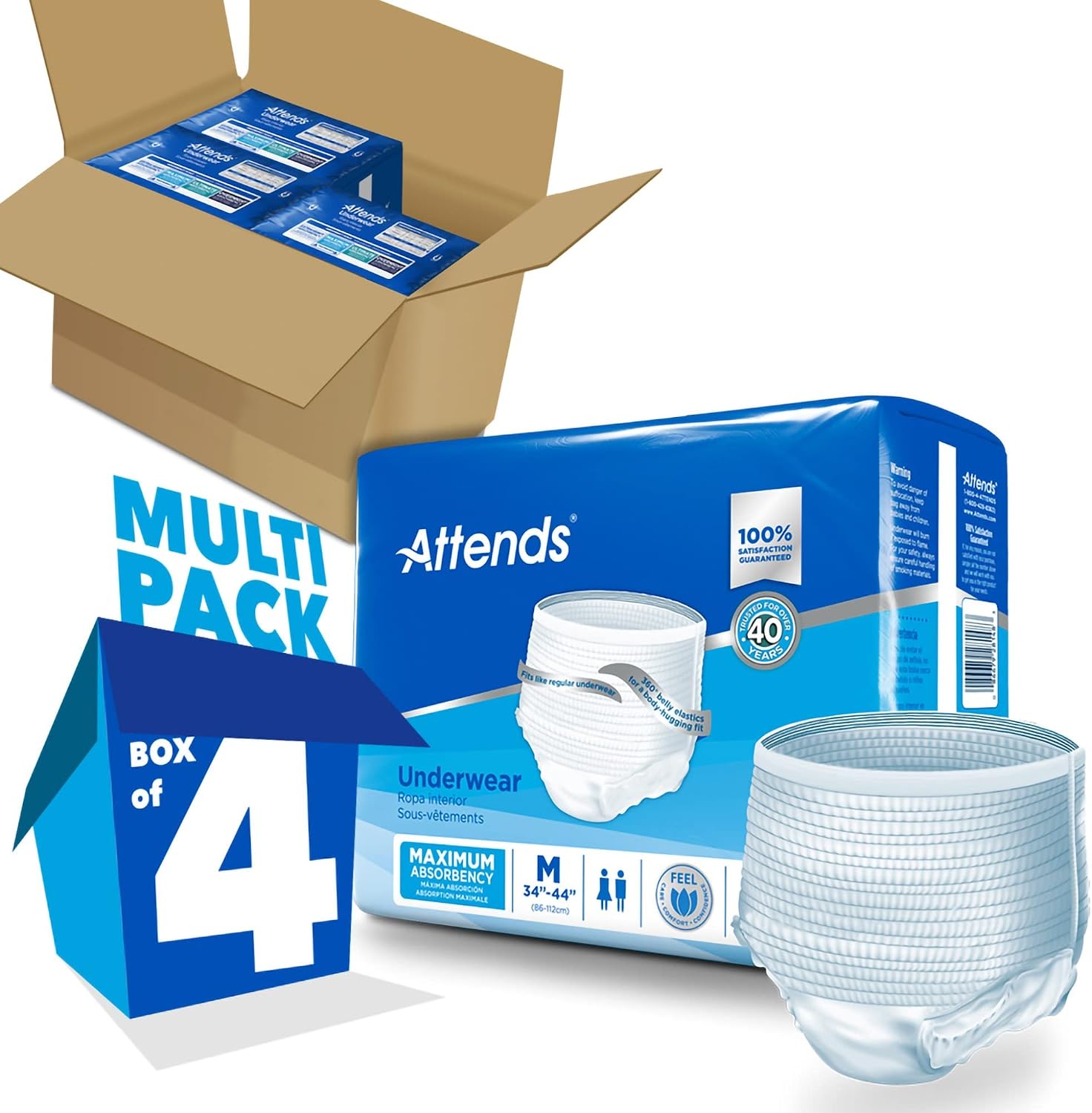 Attends Adult Absorbent Underwear, Medium, AP0720, Maximum, 80 ct | Disposable Pull-On Diapers with Tear-Away Sides and Breathable Waistband