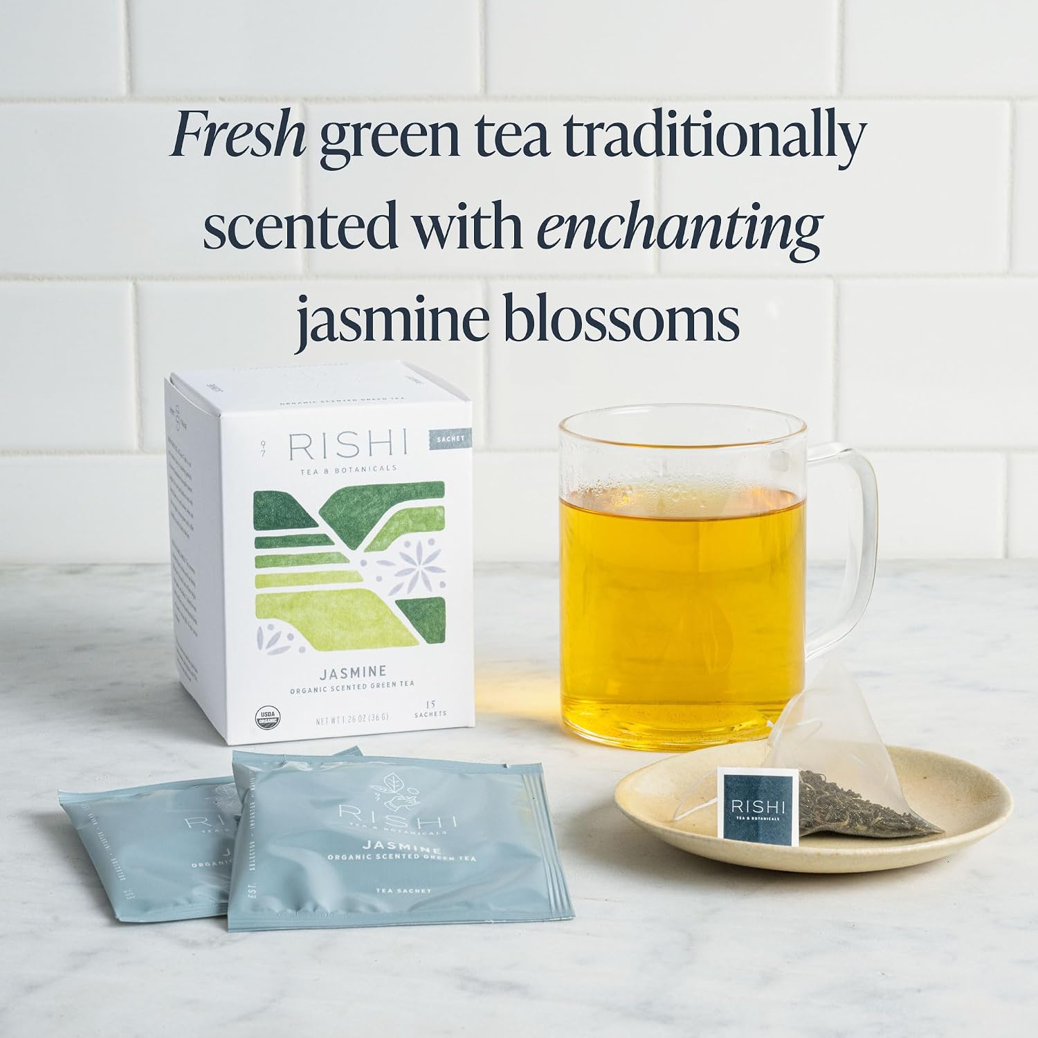 Rishi Tea Jasmine Organic Chinese Green Sachet Tea Bags, Caffeinated, 15ct | Floral Aroma and Taste, Jasmine Flower, Calm, Sustainable, 15 Servings